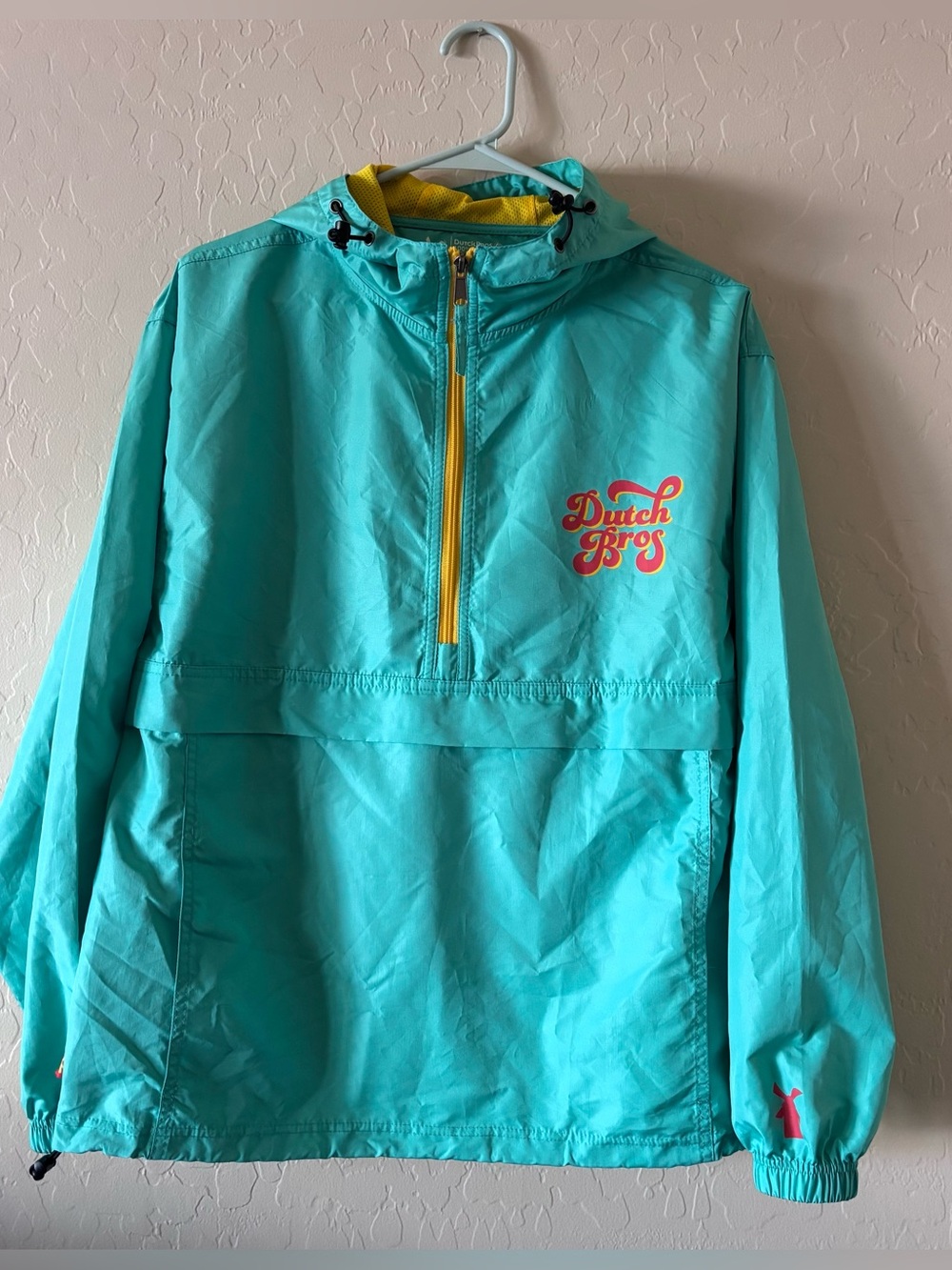 Dutch Bros Teal Hooded Rain Pullover Jacket with Yellow Trim Unisex Small